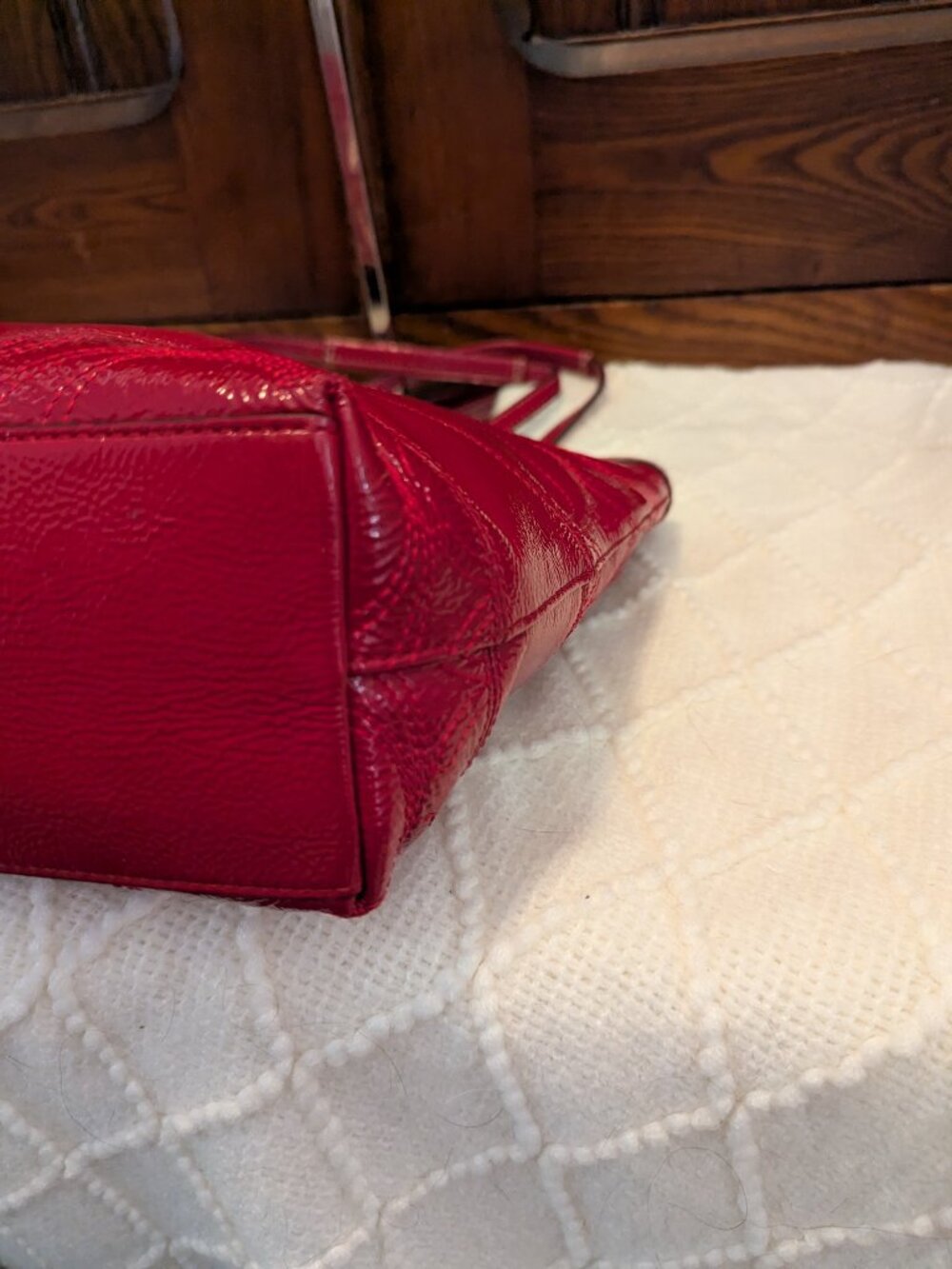 Coach Signature Striped Stitch Red Patent Leather Tote F19198 - Picture 7 of 12